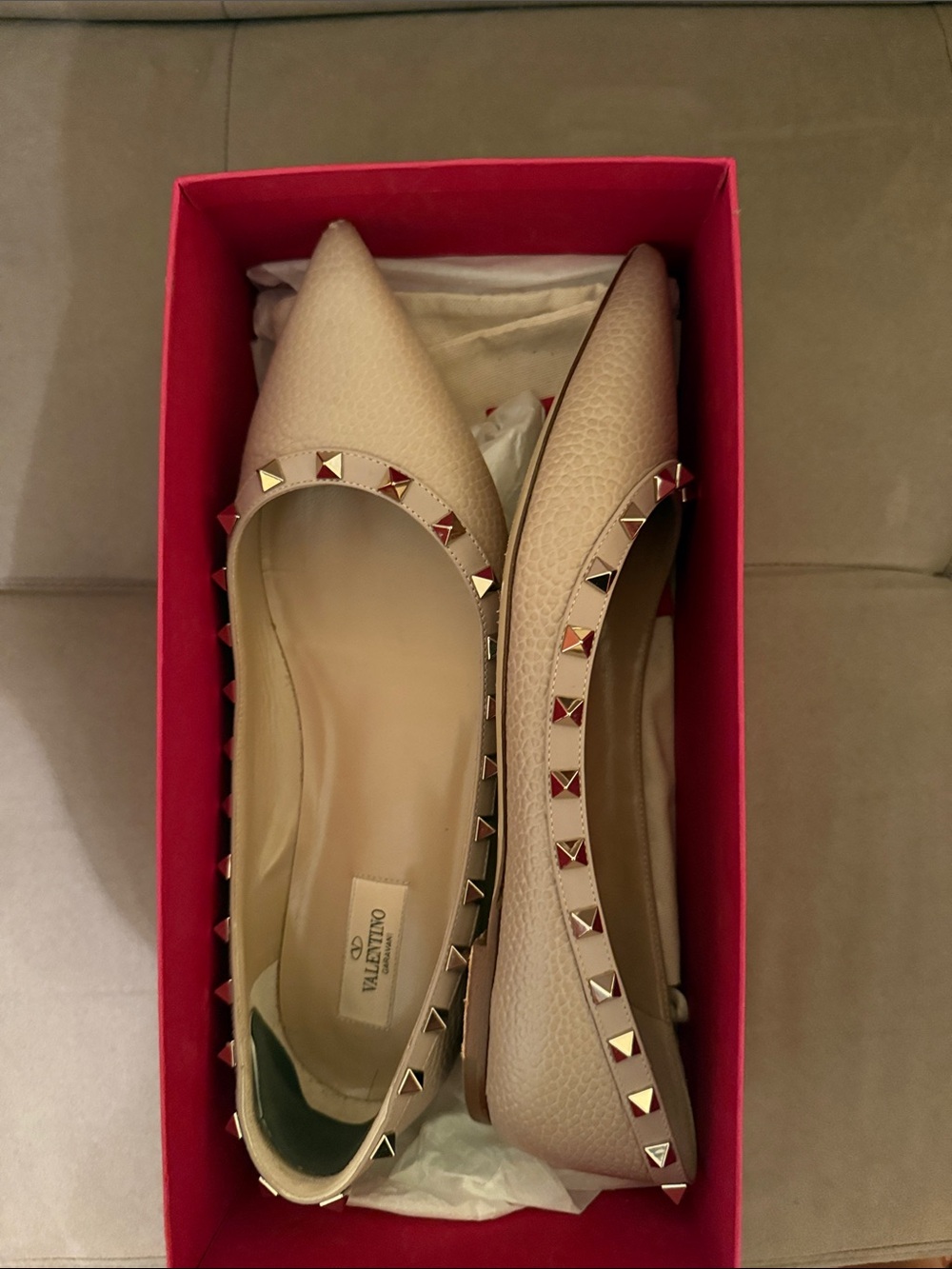 Valentino Beige Pointed Rockstud Leather Flats